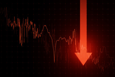 Economy crisis and stock market crash concept with moving down digital red financial chart candlestick and graphs and big arrow on dark background. 3D Renderingの写真素材