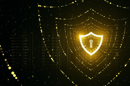 Glowing polygonal web security shield hologram on blurry backdrop. Digital interface and protection concept. 3D Renderingの写真素材