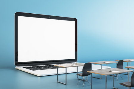 Abstarct classroom with empty white laptop chalkboard on blue background. Online education and webinar concept. 3D Renderingの写真素材