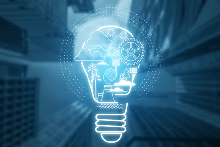 Abstract digital light bulb hologram on blurry city background. Start up, entrepreneurship and creative ideas concept. double exposureの写真素材