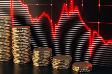 Stacked golden coins with falling red forex chart on dark texture. Crisis and recession concept. 3D...