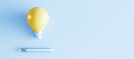 Creative lamp and pencil on wide blue background with mock up place. Idea and innovation concept. 3D...