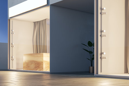 Creative modern exterior with empty white mock up header banner, panoramic glass and curtains at nighttime. Shop store front and boutique concept. 3D Renderingの写真素材