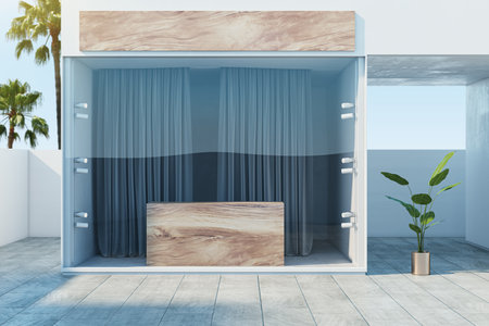 Creative modern exterior with blank white mock up poster on wall, panoramic glass and curtains in daylight. Shop store front and boutique concept. 3D Renderingの写真素材