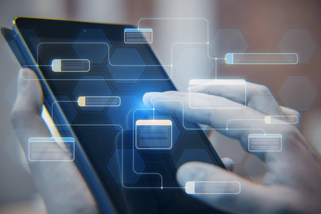 Software system technologies and research concept with digital connected node buttons on blurry...