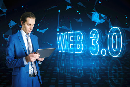 Cryptocurrency, anonymous and modern internet technology concept with businessman using digital tablet on digital blue background with web 3.0 sign and crystal effectの写真素材