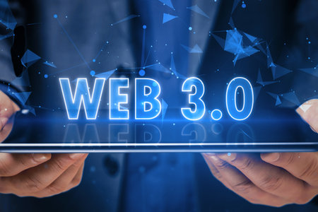 Virtual communication, blockchain and new internet generation concept with glowing blue web 3.0 sign...