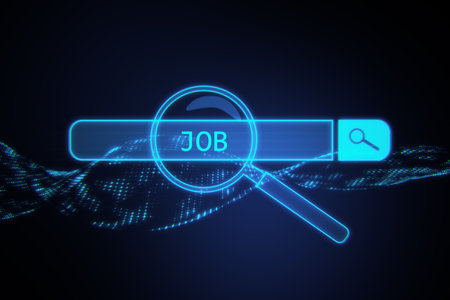 Looking for a new job, career, opportunity and work position concept with digital magnifying glass on job search bar on abstract dark background with dna. 3D renderingの写真素材