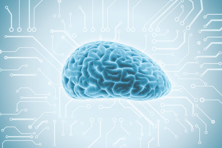 Artificial intelligence, data mining and machine learning concept with digital blue human brain on light background with microcircuit. 3D renderingの写真素材