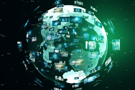 Creative globe with telecommunication picture icons on green background. Business, video conference, remote group workの写真素材