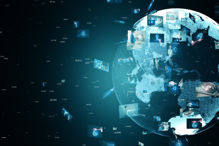 Creative globe with telecommunication picture icons on blue backdrop. Business, video conference, remote group workの写真素材