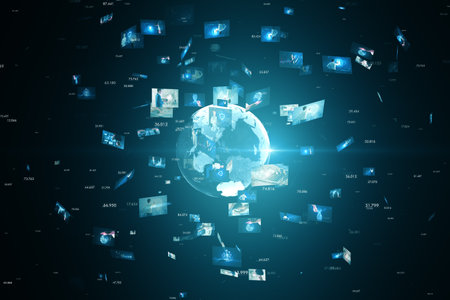 Creative globe with telecommunication picture icons on blue wallpaper. Business, video conference, remote group workの写真素材