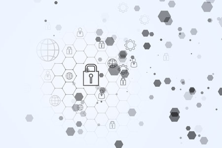 Creative white security landing page backdrop with hexagons and other icons. 3D Rendering