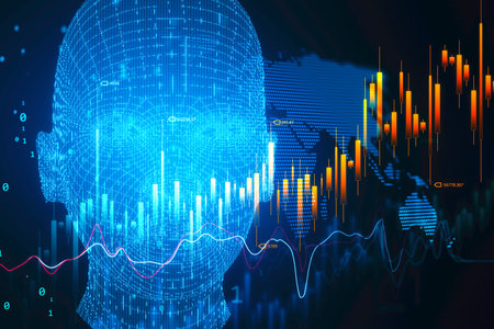 Stock market global trading data exchange and artificial intelligence concept with growing financial chart candlestick and digital human head silhouette on world map background. 3D renderingの写真素材