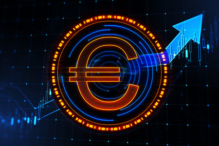 Creative digital round euro sign on dark background with forex chart and arrow. Online banking, cryptocurrency and finance concept. 3D Renderingの写真素材