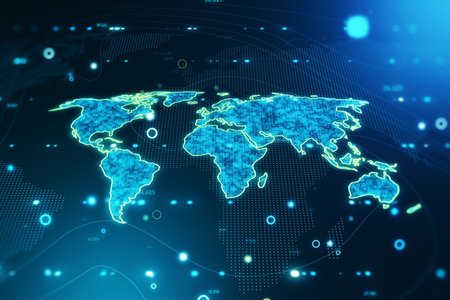 Global synchronization, globalization, and hi-tech concept with digital blue pixel world map with...