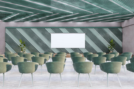 Modern lecture hall interior with empty white mock up banner screen. Modern company or school. 3D Renderingの写真素材