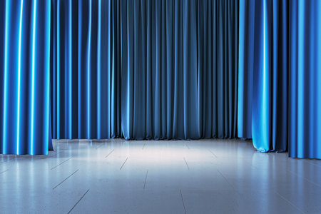 Advertising and marketing concept with front view on blank ceramic tiles floor with place for product presentation on abstract stage with blue backstage background. 3D rendering, mock upの写真素材