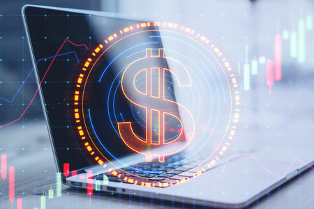 Close up of notebook with digital round dollar sign and forex chart on blurry background. Online banking, cryptocurrency and finance concept. double exposureの写真素材