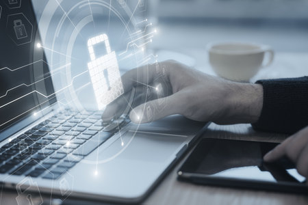 Close up of businessman hands using laptop keyboard on desktop with glowing circuit padlock hologram...