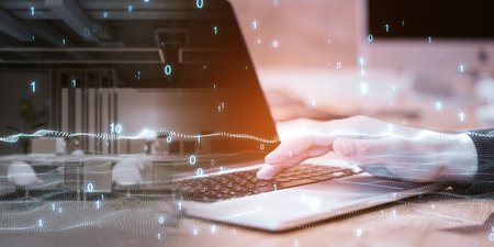 Wide image of male hand using laptop computer on abstract blurry office background with binary coding and digital wave. Big data and technology concept. double exposureの写真素材