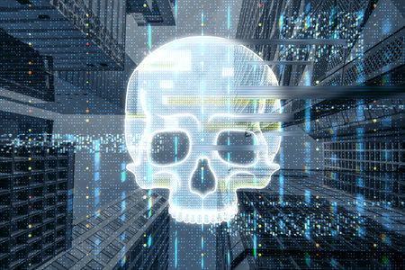 Abstract glowing digital blue glitch skull hologram on blurry city background. Virus, crime and hacking concept. double exposureの写真素材