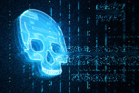 Abstract glowing digital blue glitch skull hologram on dark wallpaper. Virus, crime and hacking concept. 3D Renderingの写真素材