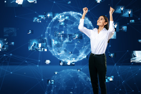 Connecting business people, video conference concept. Attractive happy young european businesswoman...