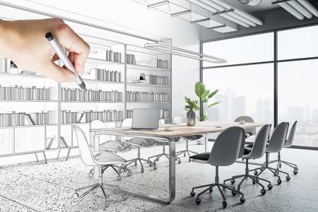 Handwritten sketch of modern meeting room interior design with man hand drawing bookshelf by pencil and wooden conference table on concrete floor and city view background from panoramic windowの写真素材