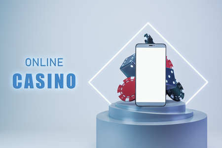 Online casino banner on light blue background with blank white phone screen, mockup. 3D Renderingの写真素材