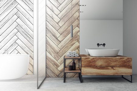 Interior design concept with sketch and visualization of modern bathroom project. 3D Renderingの写真素材