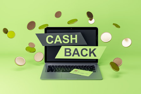 Online banking, payment and financial application concept with front view on cash back sign on modern laptop with golden coins and green credit card background. 3D renderingの写真素材