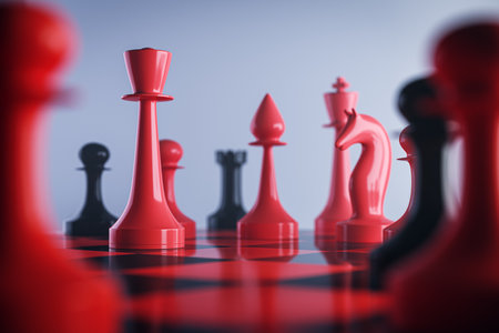 Blurry red chessboard background. Success, teamwork and leadership concept. 3D Renderingの写真素材
