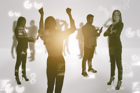Blurry businesspeople silhouettes with business charts on light background. Teamwork and finance concept. double exposureの写真素材