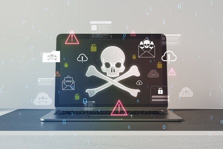 Abstract hacker skull hologram on blurry laptop screen and wall background. Hacking, malware and phishing concept. 3D Renderingの写真素材