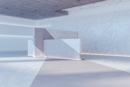 Clean concrete exhibition hall interior with sunlight and shadows. Museum and art concept. 3D Renderingの写真素材