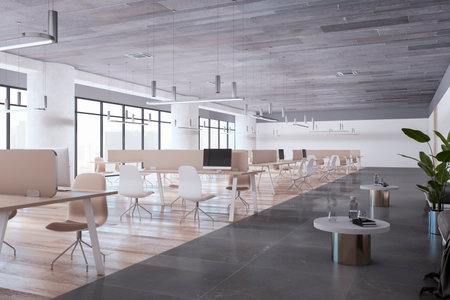 Clean concrete and wooden coworking office room interior with partitions, equipment, furniture, window with city view and daylight. 3D Renderingの写真素材