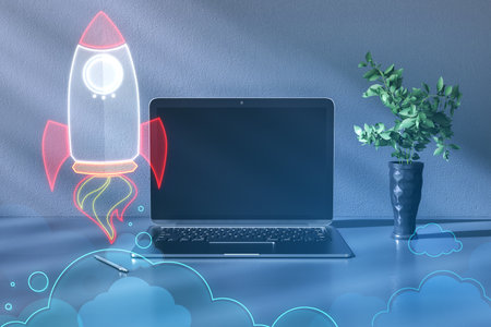 Close up of mock up laptop computer with creative rocket ship sketch on blurry background with plant. Content launch and spaceship concept. double exposureの写真素材