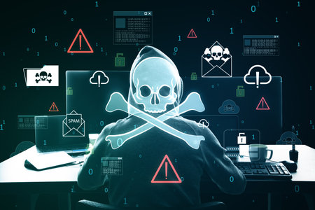 Back view of hacker at desk using computers with glowing skull hologram on blurry background. Hacking, malware and phishing conceptの写真素材