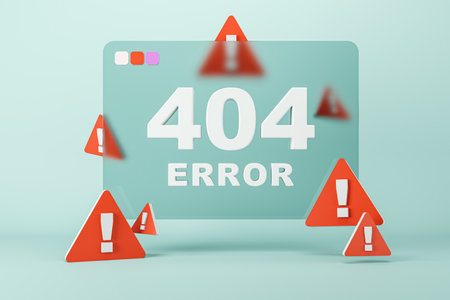 Abstract 404 error with caution marks on blue background. Page not found mistake and support concept. 3D Renderingの写真素材