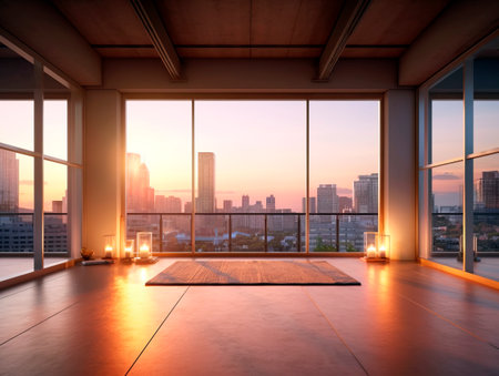 Spacious empty meditation room at sunrise. Generative AIの素材