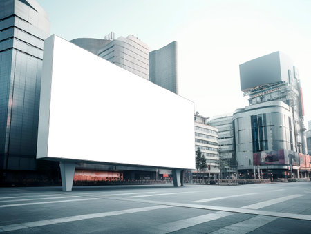 Perspective view of blank white billboard on city streets background at daytime, mockup. Generative AIの素材