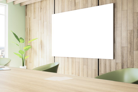 Perspective view of white blank poster on wooden wall in modern office meeting room interior with desk, plant and window, business background. 3D rendering, mockupの写真素材