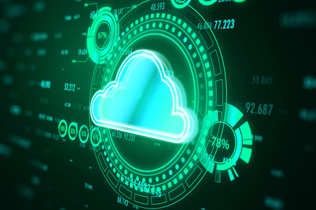 Modern cloud computing hologram with index on green background. Connectivity technology concept. 3D...