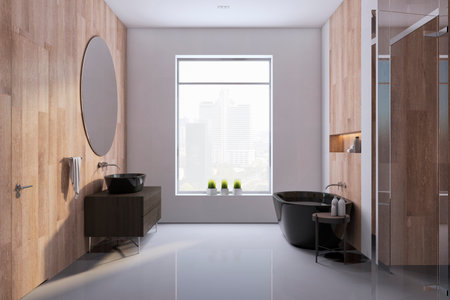 Side view of modern bathroom interior design with tiles gray floor and wooden walls and window with city view. 3D Renderingの写真素材