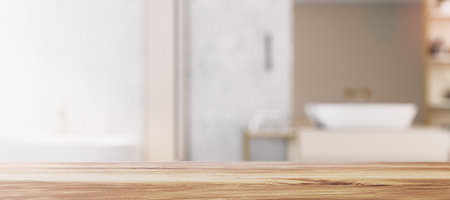Empty wooden tabletop in bathroom interior with blurred background, product presentation concept, mockup. 3D renderingの写真素材