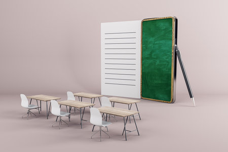 Creative online classroom interior with chairs, desks, and abstract chalkboard notepad smartphone on light background. Online education and webinar concept. 3D Renderingの写真素材