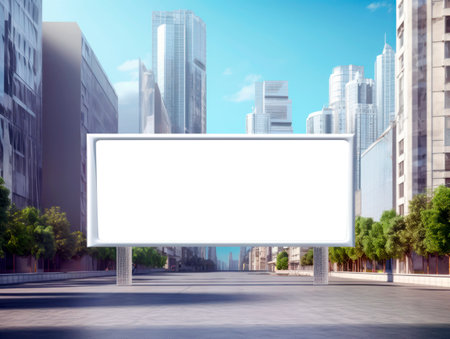 Front view blank white isolated billboard on modern city street at daytime, mockup. Generative AIの素材
