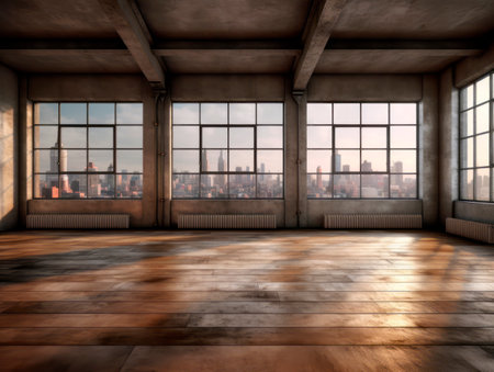 Front view of empty loft interior room with concrete floor at sunset. Generative AIの素材