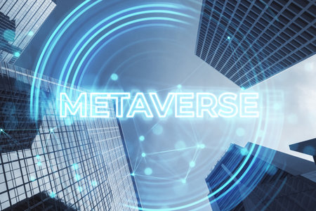 Glowing metaverse word hologram on modern buildings background, VR technology concept